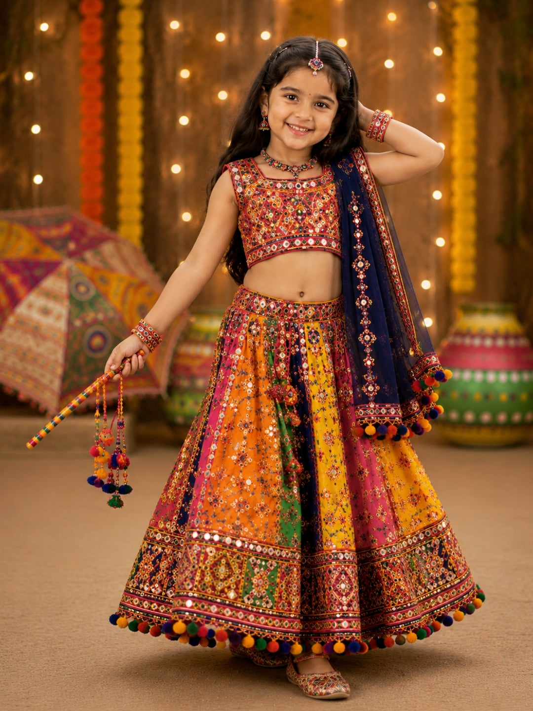 Girls Multicolor Navratri Lehenga Choli with Dupatta | Mirror Work Traditional Ghagra Choli Set | Festive Ethnic Wear for Kids (1–8 Years)