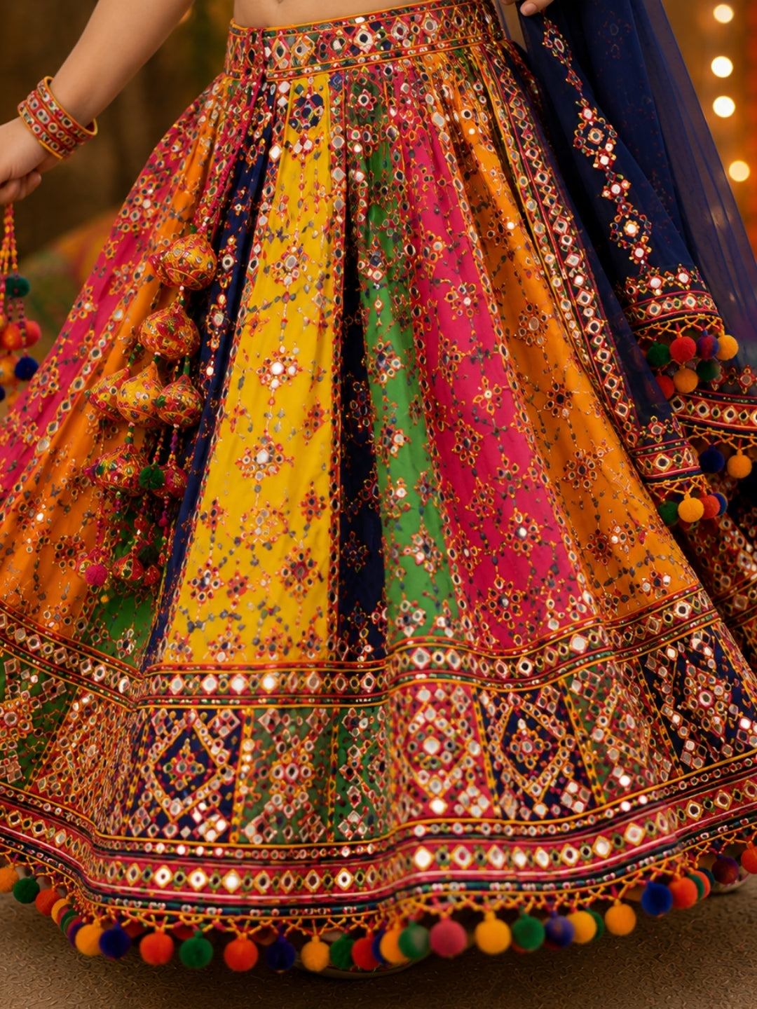 Girls Multicolor Navratri Lehenga Choli with Dupatta | Mirror Work Traditional Ghagra Choli Set | Festive Ethnic Wear for Kids (1–8 Years)