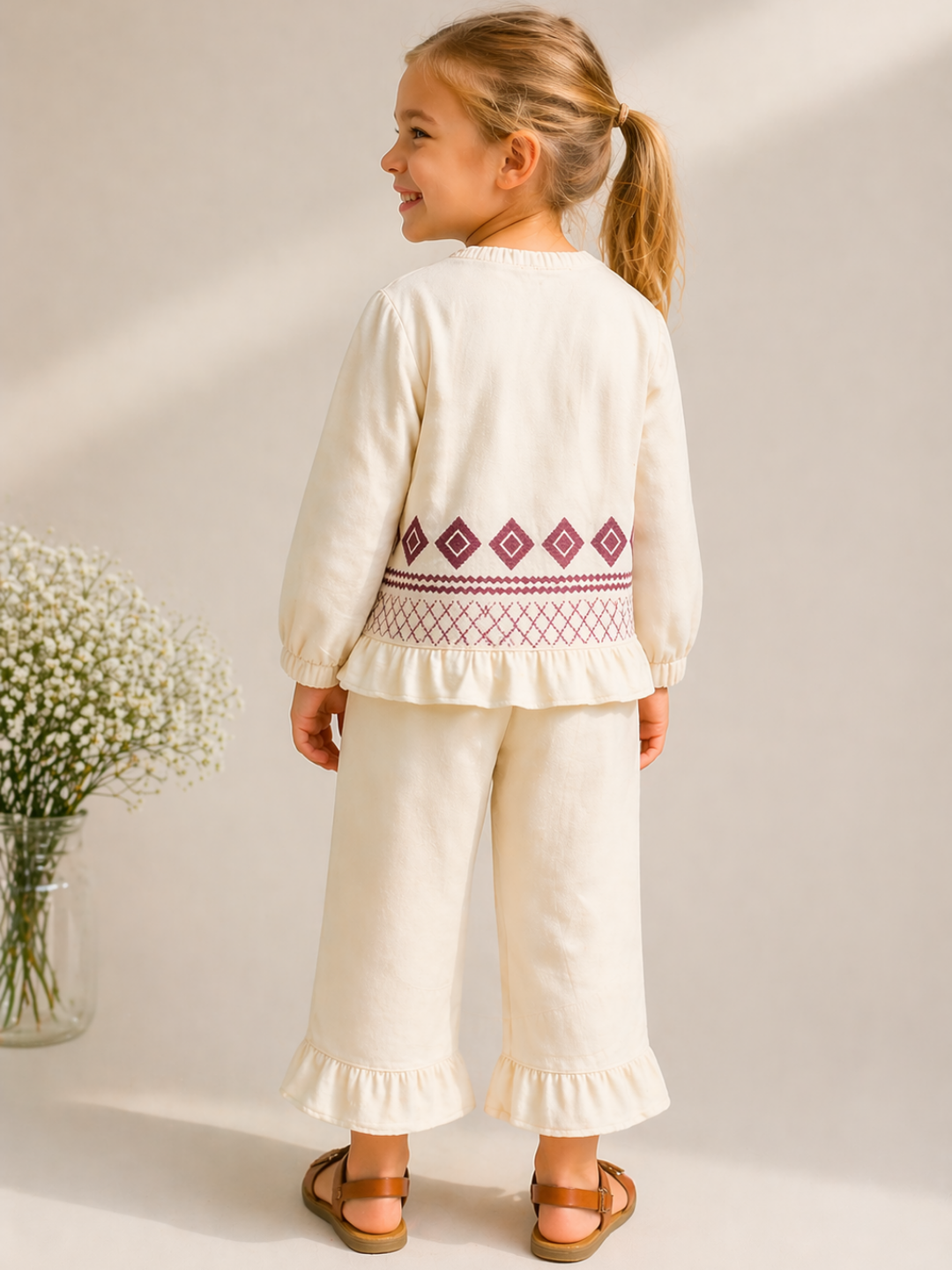 Girls Cream Cotton Co-Ord Set with Ethnic Print | Stylish Top & Pant Set for Kids (2–7 Years)