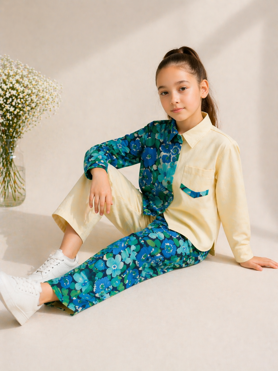 Girls Floral Co-Ord Set with Color Block Design | Stylish Shirt & Pant Set for Kids (1–6 Years)