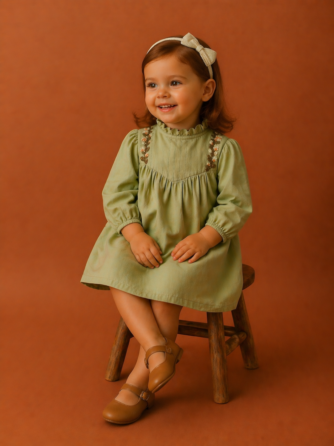 Baby Girl Olive Green Cotton Dress with Embroidery | Cute Party & Casual Wear (2–10 Years)