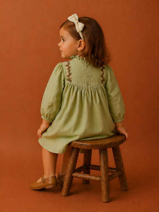 Baby Girl Olive Green Cotton Dress with Embroidery | Cute Party & Casual Wear (2–10 Years)