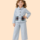 Girls Light Blue Co-Ord Set with Check Pockets | Stylish Casual Outfit (2–10 Years)
