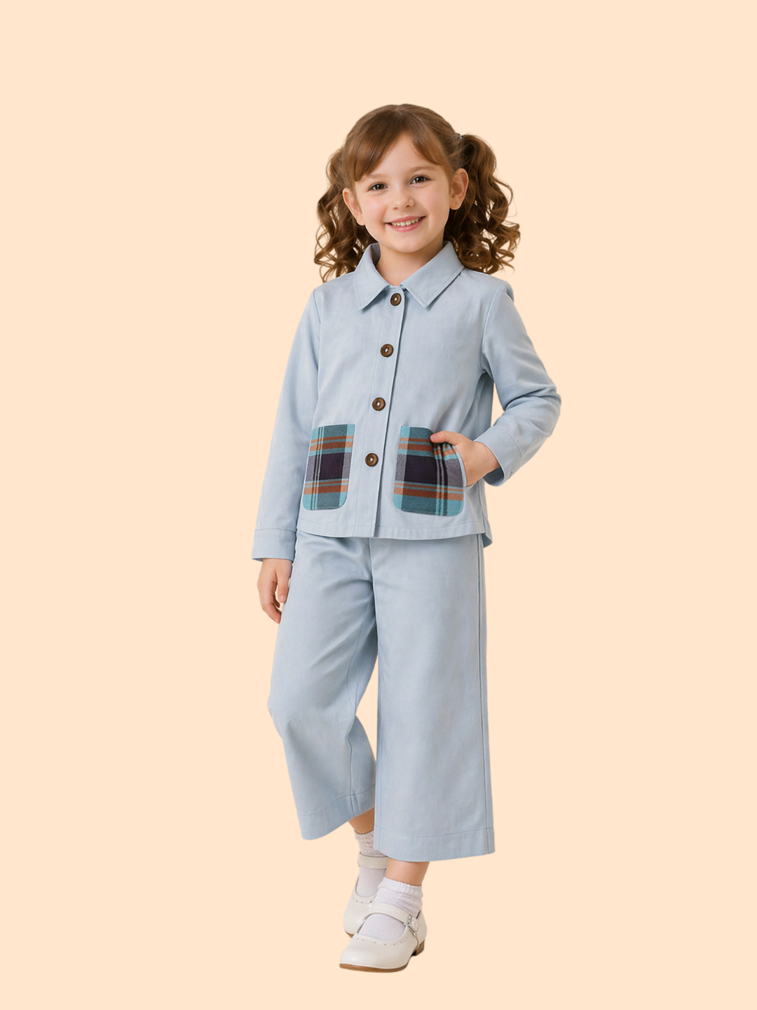 Girls Light Blue Co-Ord Set with Check Pockets | Stylish Casual Outfit (2–10 Years)