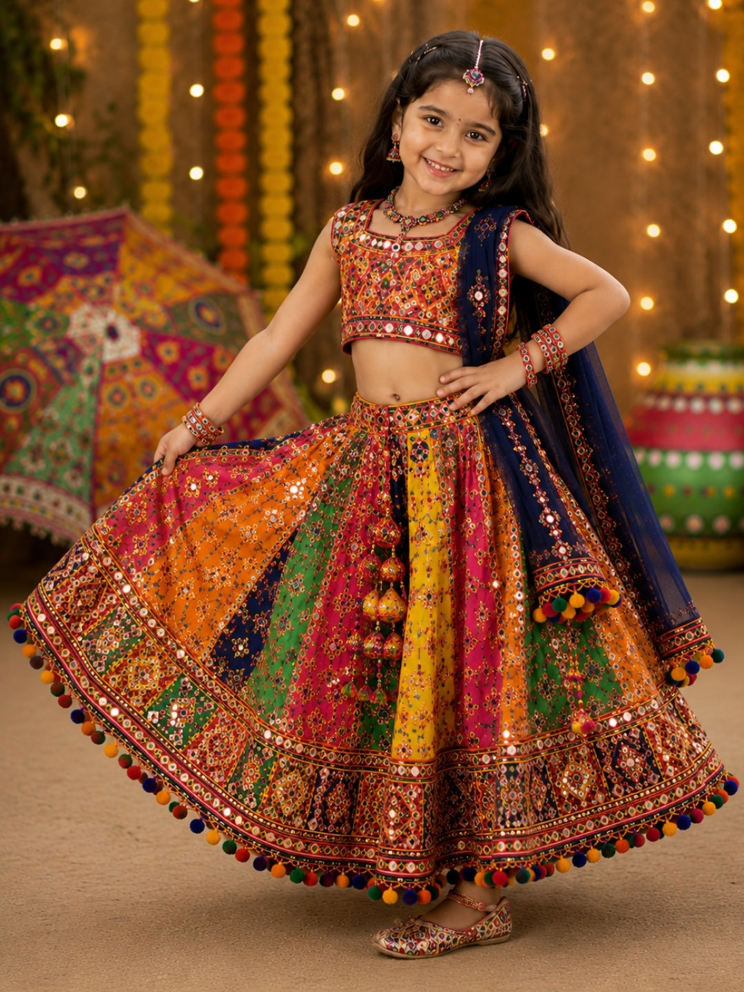 Girls Multicolor Navratri Lehenga Choli with Dupatta | Mirror Work Traditional Ghagra Choli Set | Festive Ethnic Wear for Kids (1–8 Years)