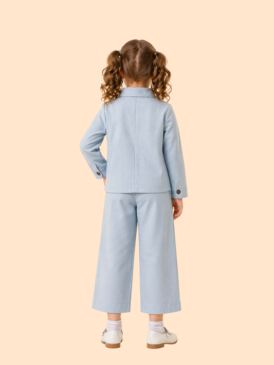 Girls Light Blue Co-Ord Set with Check Pockets | Stylish Casual Outfit (2–10 Years)