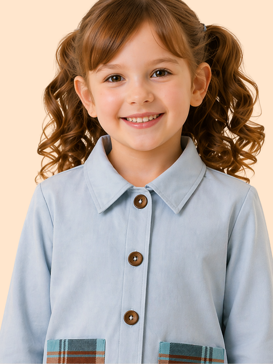 Girls Light Blue Co-Ord Set with Check Pockets | Stylish Casual Outfit (2–10 Years)