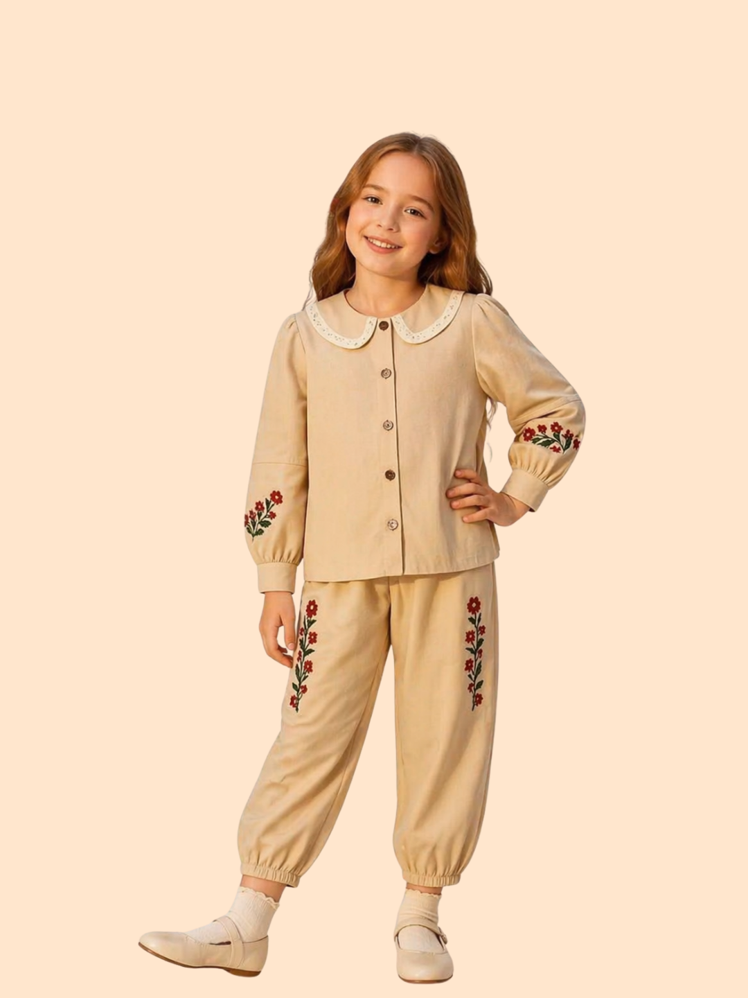 Girls Beige Floral Embroidered Co-Ord Set | Elegant Ethnic Casual Outfit (2–7 Years)