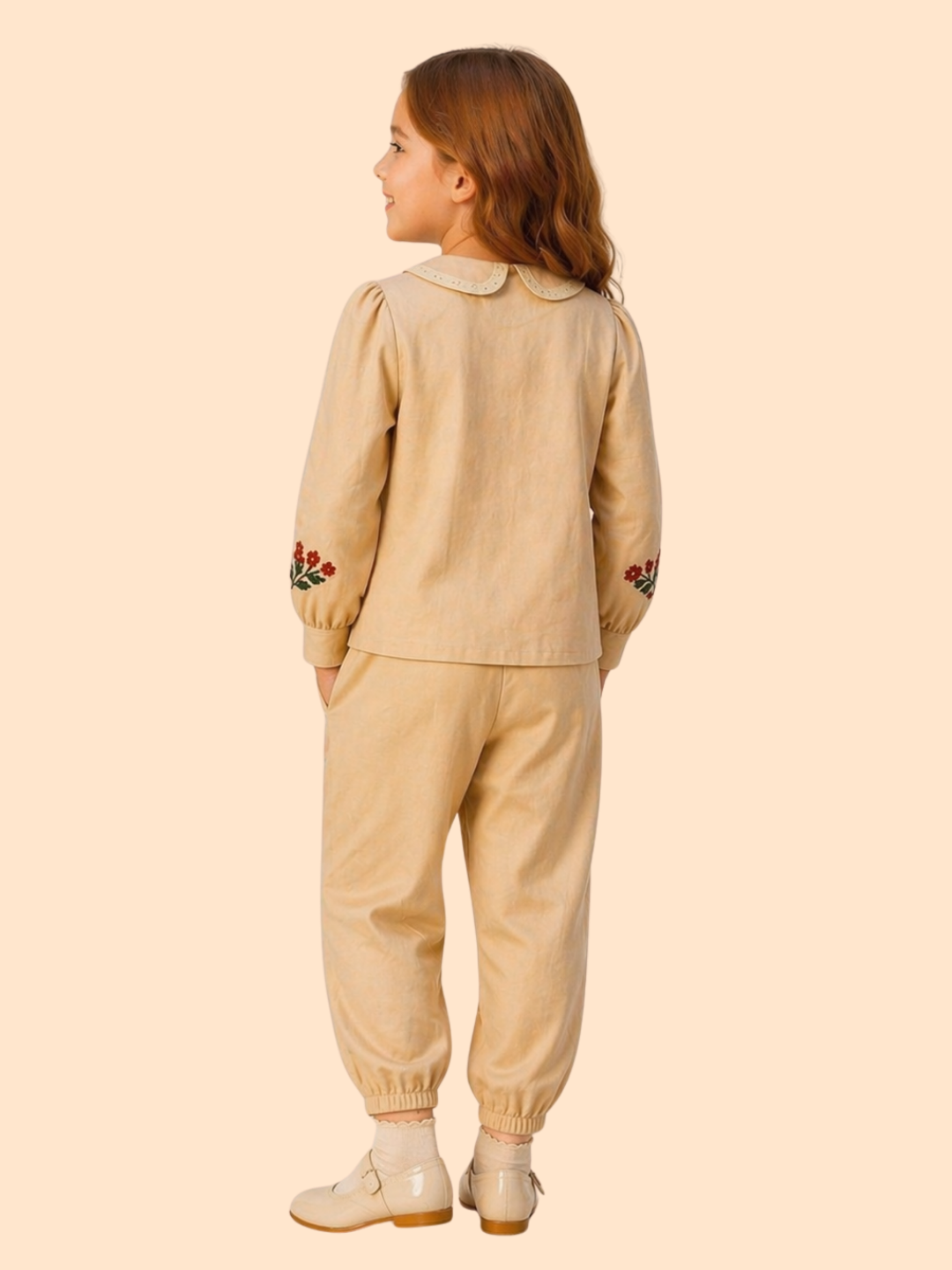Girls Beige Floral Embroidered Co-Ord Set | Elegant Ethnic Casual Outfit (2–7 Years)