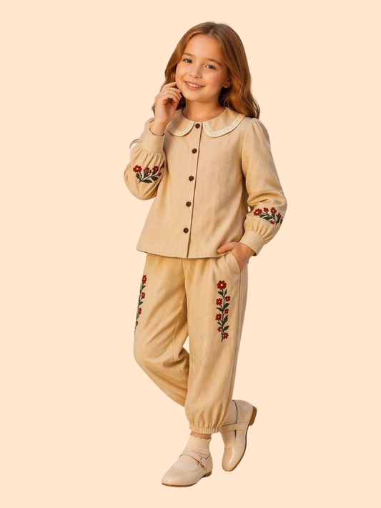 Girls Beige Floral Embroidered Co-Ord Set | Elegant Ethnic Casual Outfit (2–7 Years)