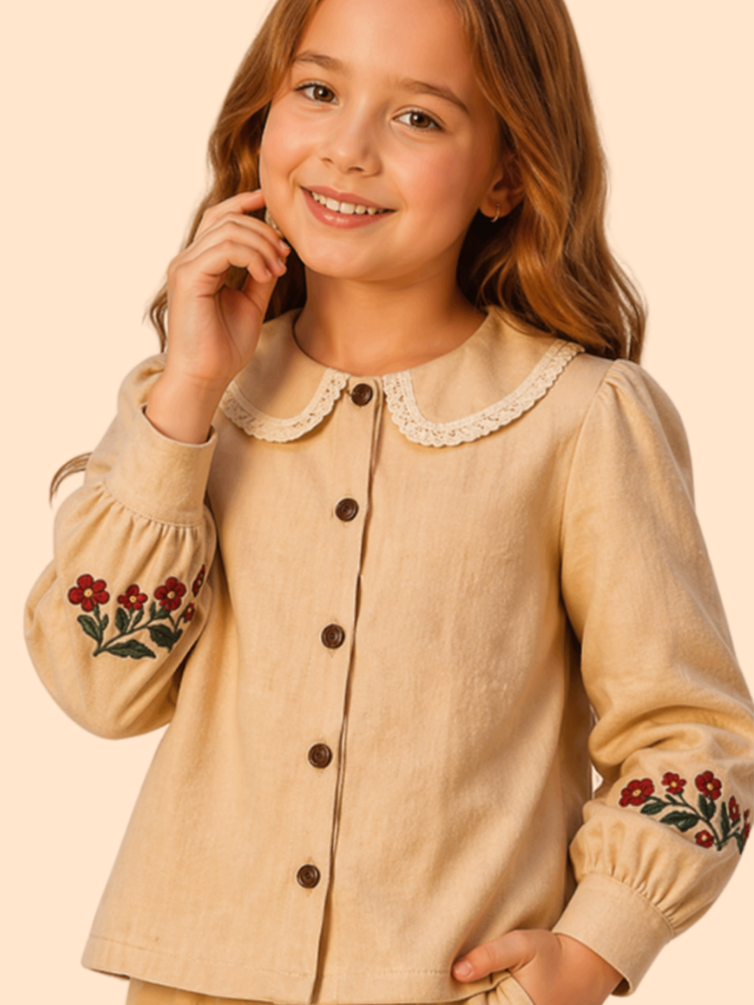 Girls Beige Floral Embroidered Co-Ord Set | Elegant Ethnic Casual Outfit (2–7 Years)