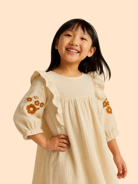 Girls Cream Embroidered Frill Dress | Soft Cotton Casual Party Wear (1–6 Years)