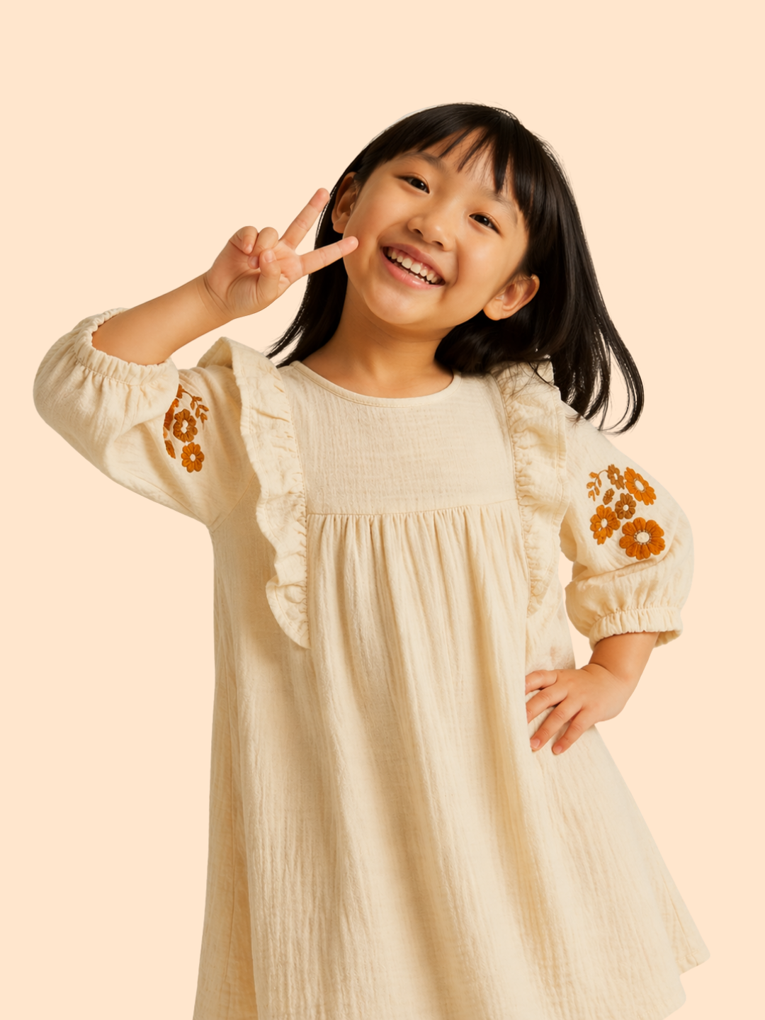 Girls Cream Embroidered Frill Dress | Soft Cotton Casual Party Wear (1–6 Years)