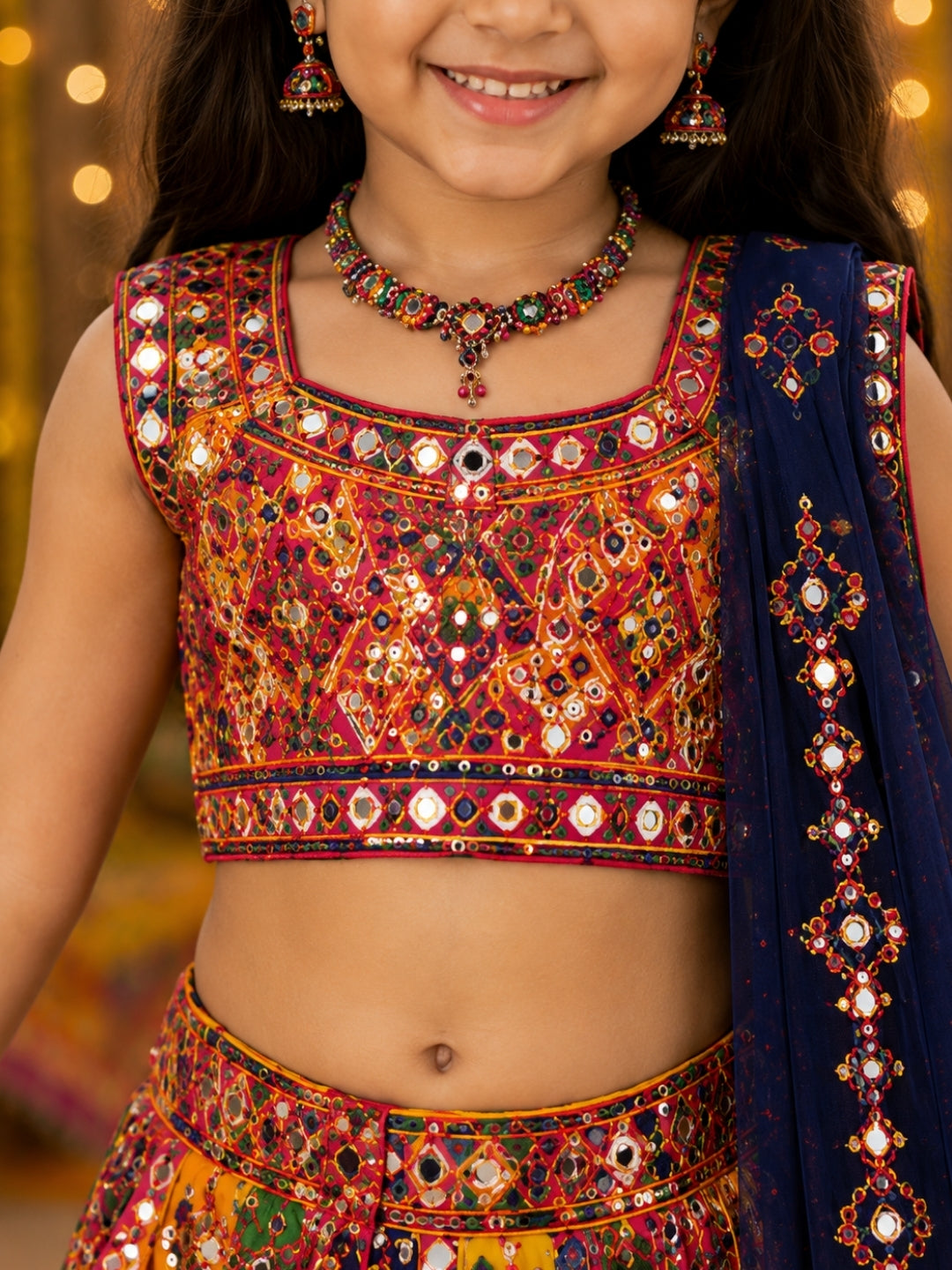 Girls Multicolor Navratri Lehenga Choli with Dupatta | Mirror Work Traditional Ghagra Choli Set | Festive Ethnic Wear for Kids (1–8 Years)