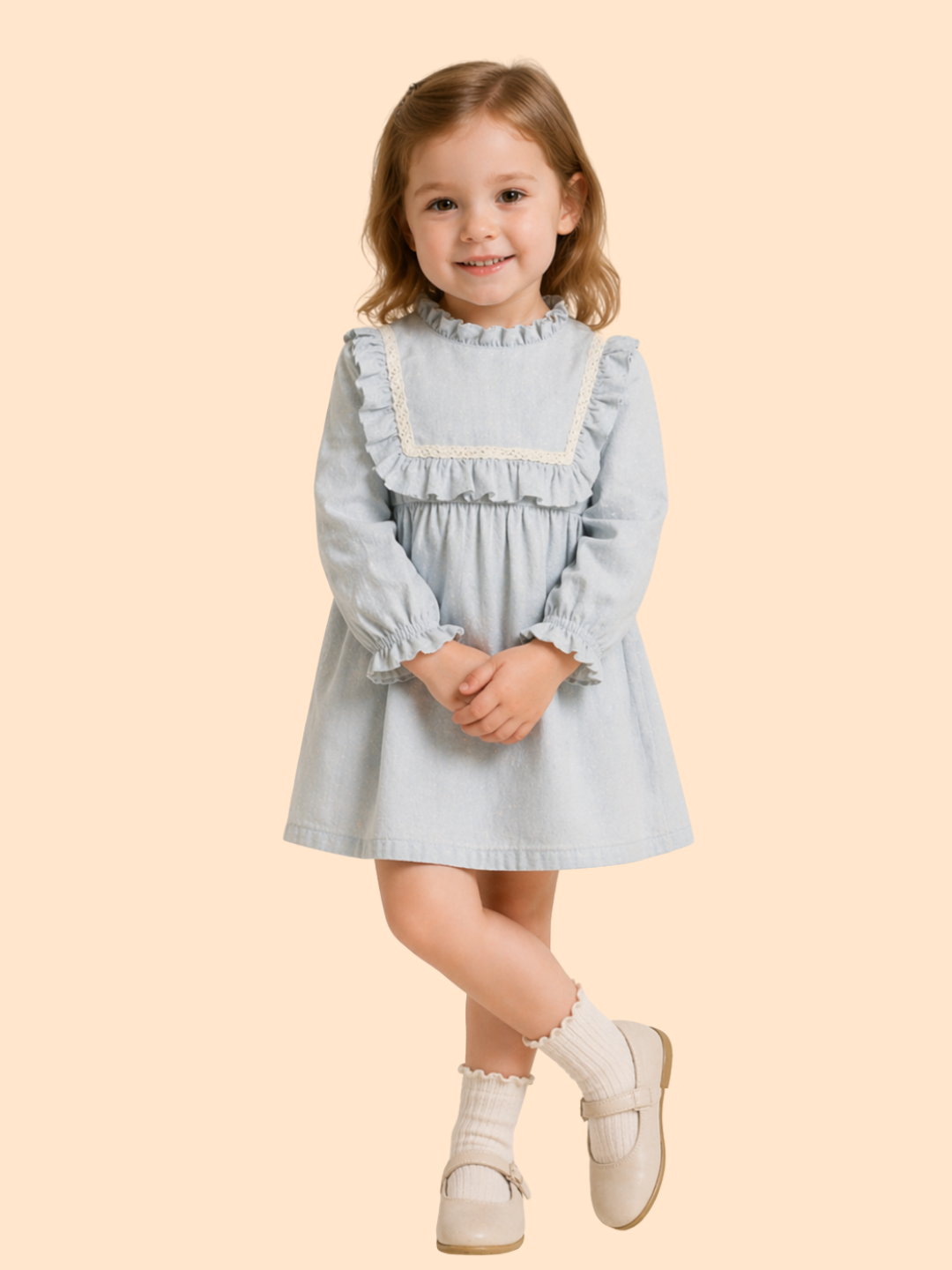 Girls Pastel Blue Frill Dress with Lace Detail | Elegant Cotton Casual Wear (1–6 Years)
