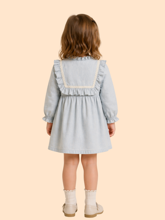 Girls Pastel Blue Frill Dress with Lace Detail | Elegant Cotton Casual Wear (1–6 Years)