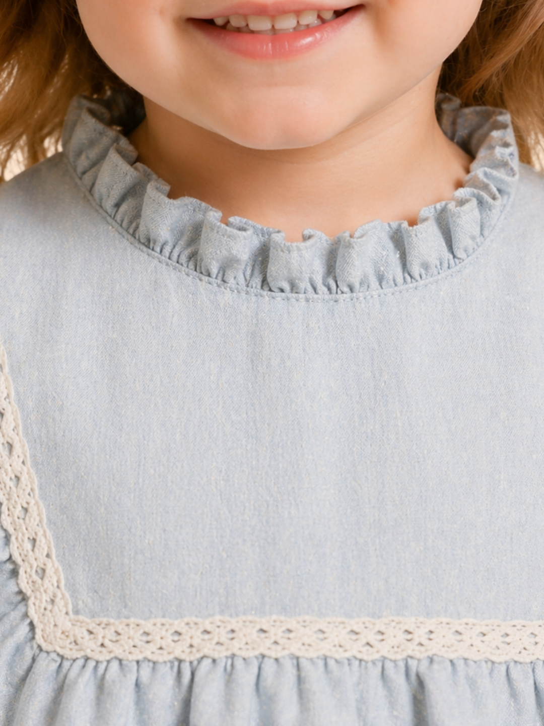 Girls Pastel Blue Frill Dress with Lace Detail | Elegant Cotton Casual Wear (1–6 Years)