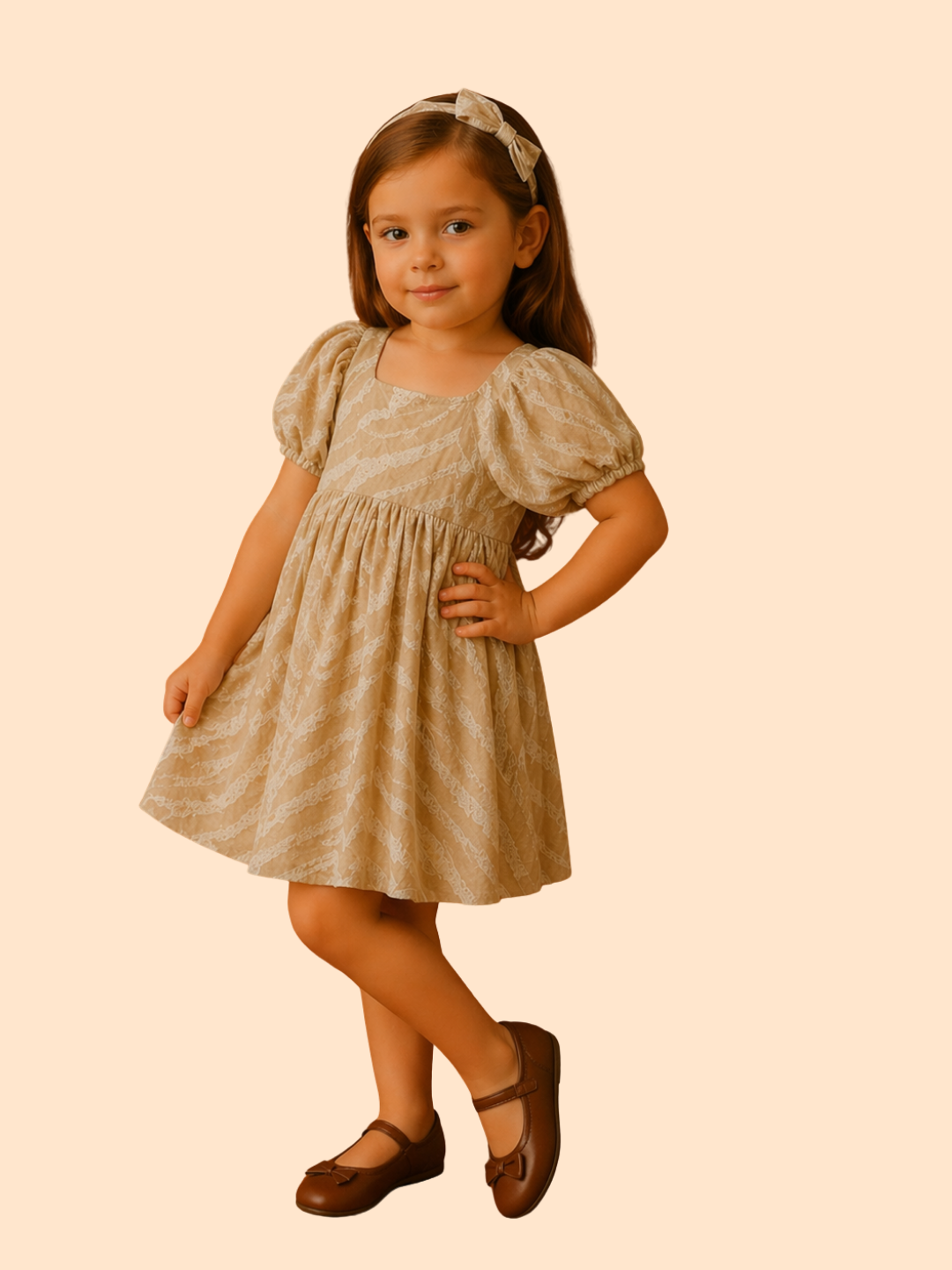 Girls Beige Textured Party Dress with Puff Sleeves | Elegant Casual Wear (1–5 Years)