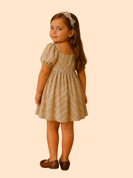 Girls Beige Textured Party Dress with Puff Sleeves | Elegant Casual Wear (1–5 Years)