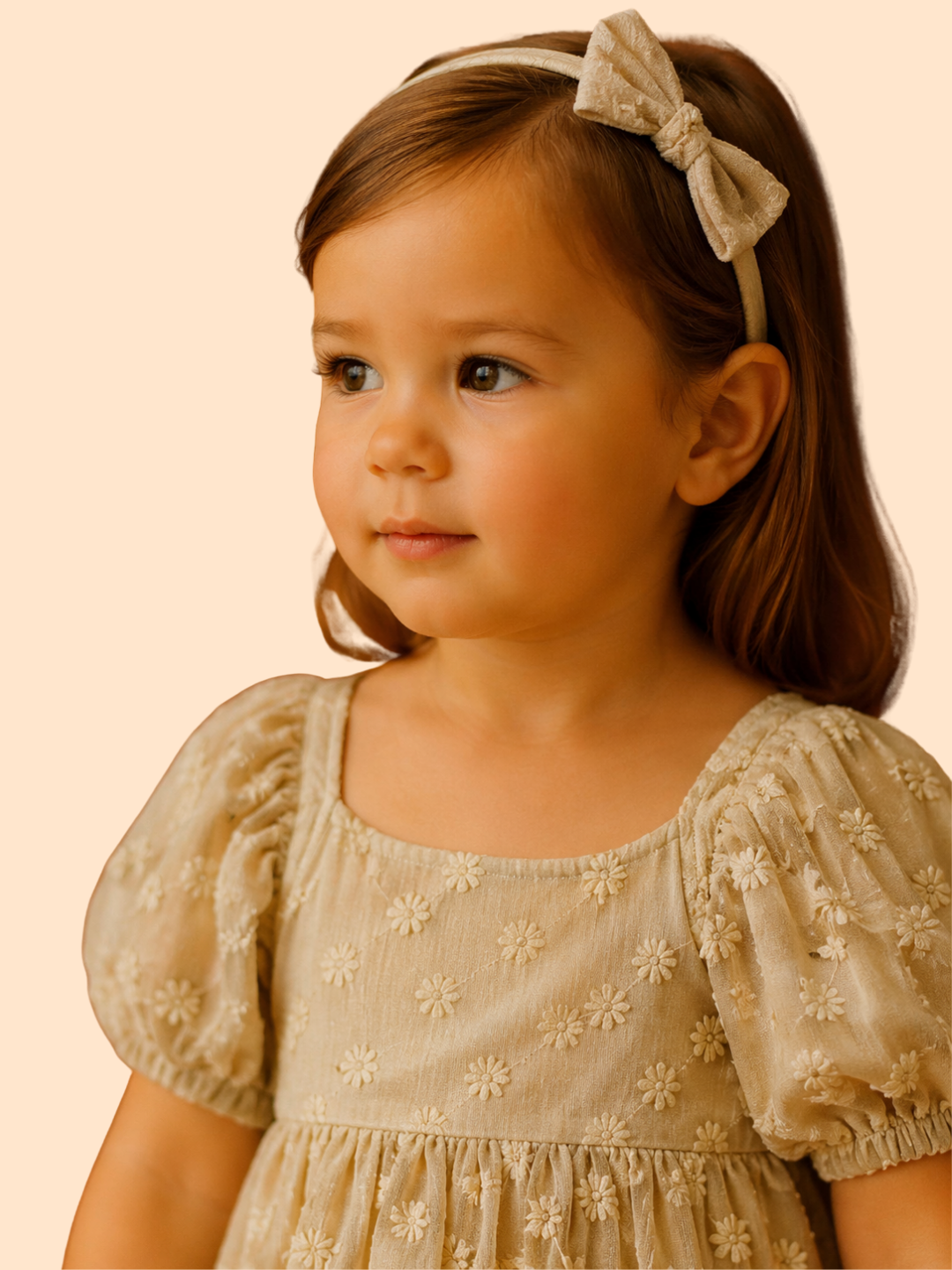 Girls Beige Textured Party Dress with Puff Sleeves | Elegant Casual Wear (1–5 Years)