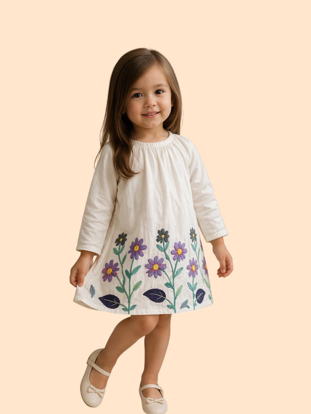 Girls White Floral Embroidered Dress | Cute Casual Cotton Frock (2–8 Years)