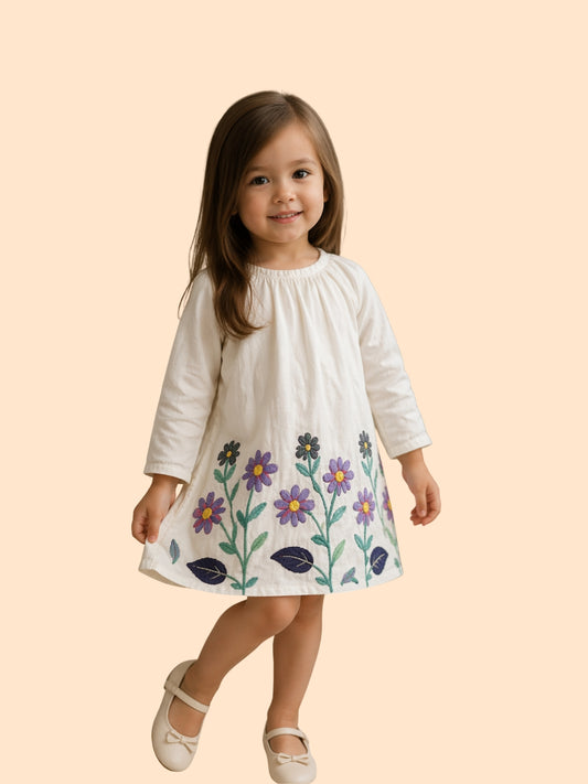 Girls White Floral Embroidered Dress | Cute Casual Cotton Frock (2–8 Years)