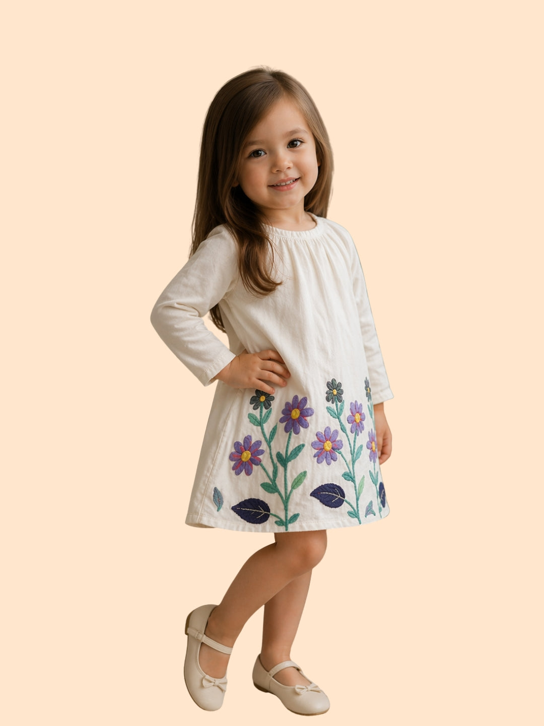Girls White Floral Embroidered Dress | Cute Casual Cotton Frock (2–8 Years)