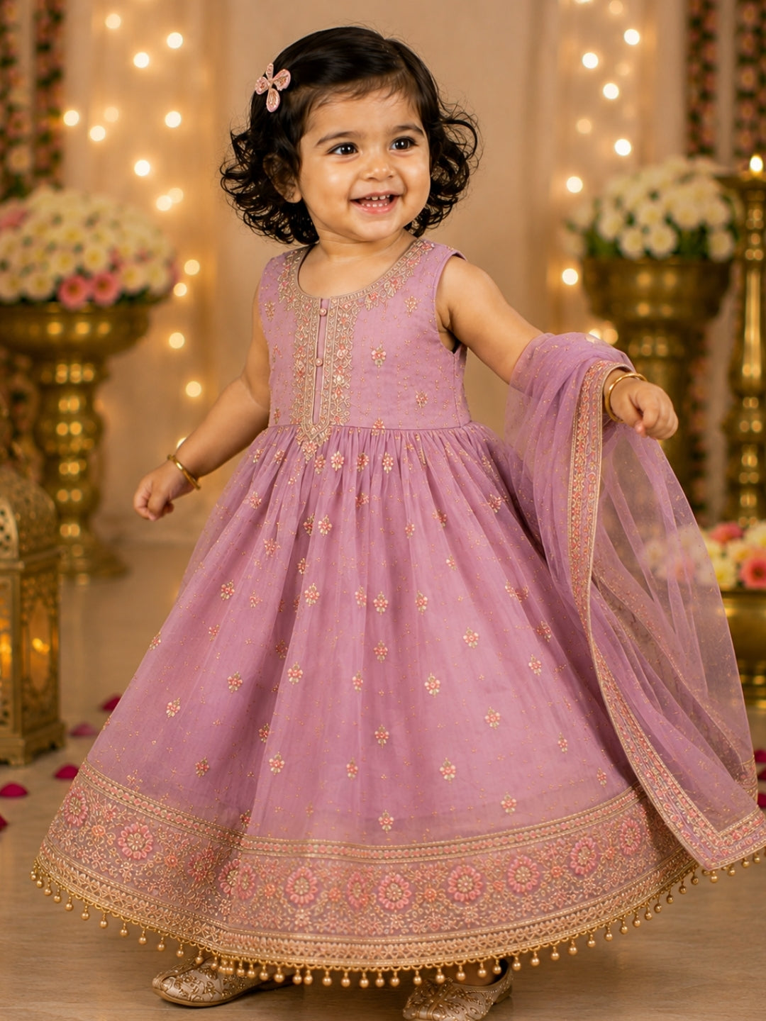 Girls Lavender Embroidered Party Wear Gown with Dupatta | Kids Ethnic Anarkali Dress | Festive Traditional Wear for Girls (1–8 Years)