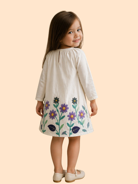 Girls White Floral Embroidered Dress | Cute Casual Cotton Frock (2–8 Years)
