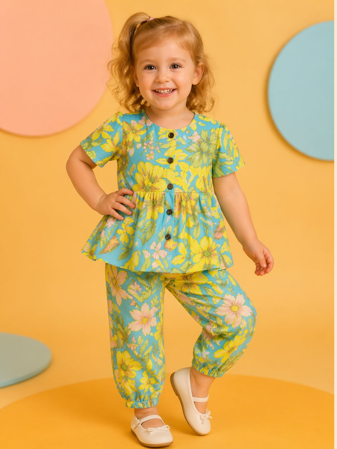 Girls Floral Co-Ord Set in Teal & Yellow | Summer Casual Outfit (1–5 Years)