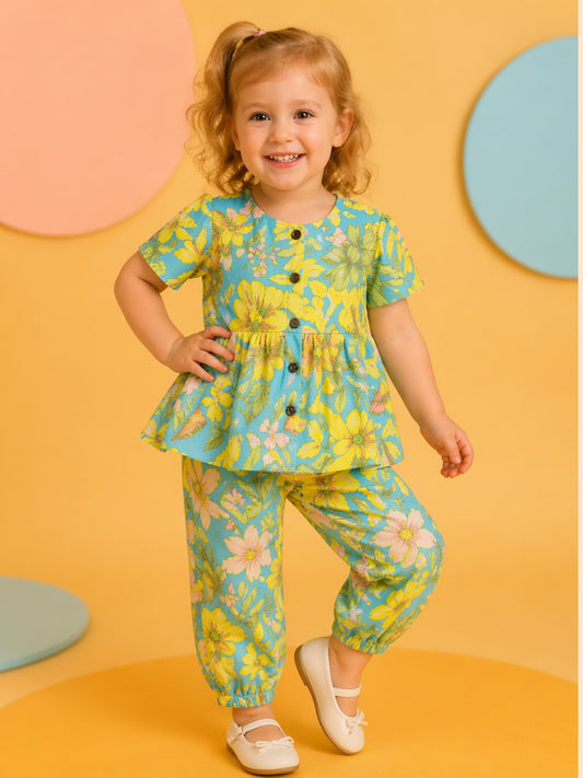 Girls Floral Co-Ord Set in Teal & Yellow | Summer Casual Outfit (1–5 Years)