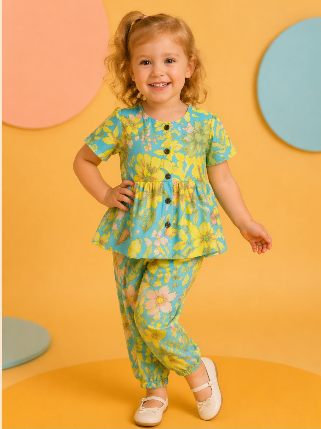 Girls Floral Co-Ord Set in Teal & Yellow | Summer Casual Outfit (1–5 Years)