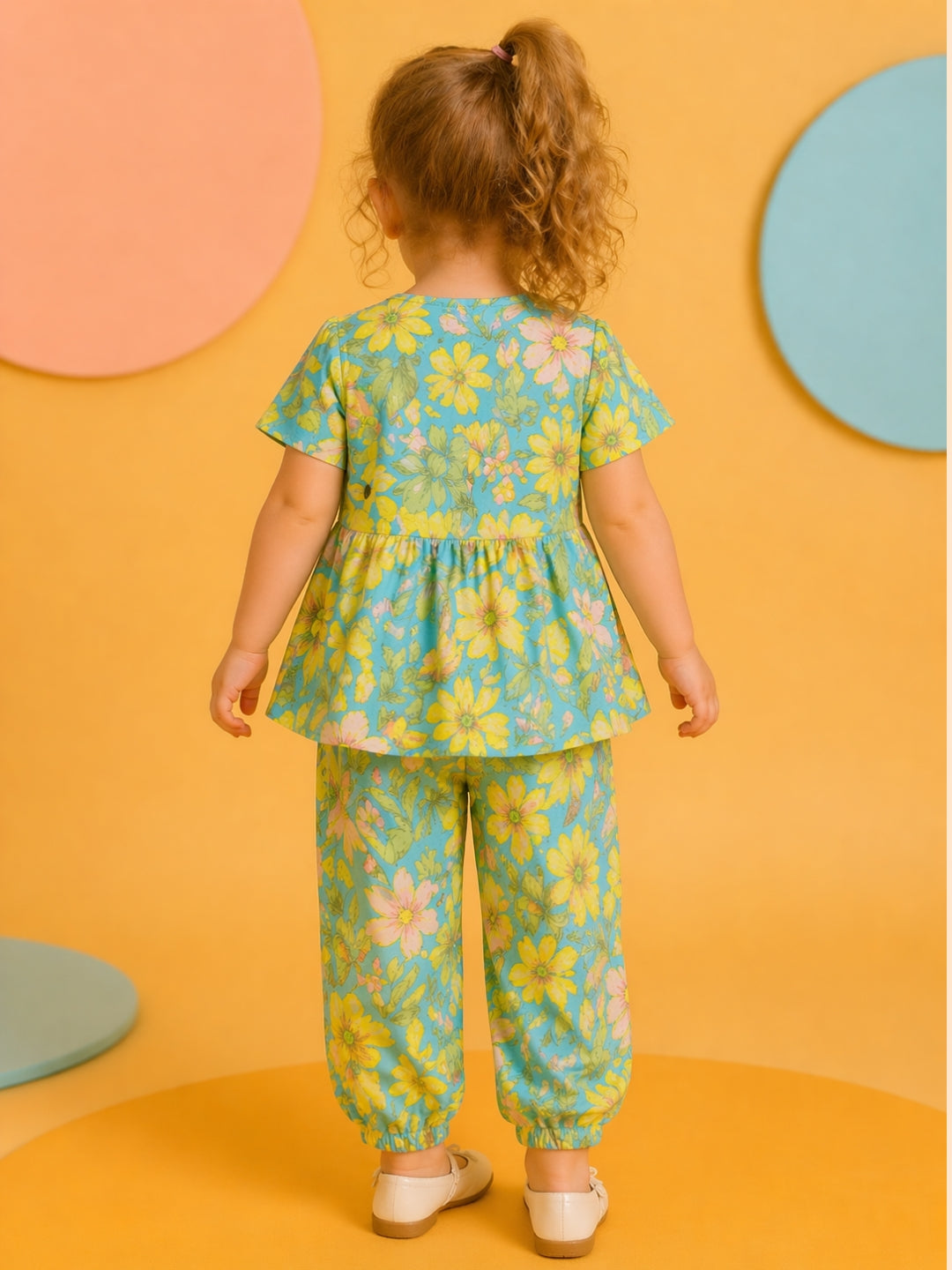 Girls Floral Co-Ord Set in Teal & Yellow | Summer Casual Outfit (1–5 Years)