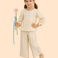 Girls Cream Striped Co-Ord Set with Bow Sleeves | Elegant Casual Outfit (1–6 Years)