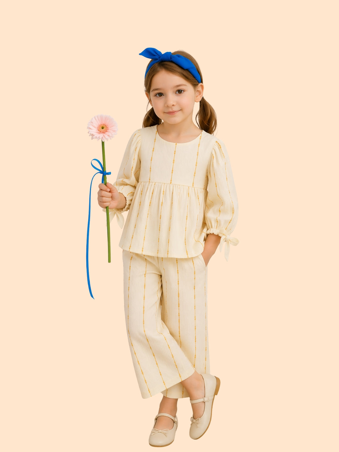 Girls Cream Striped Co-Ord Set with Bow Sleeves | Elegant Casual Outfit (1–6 Years)