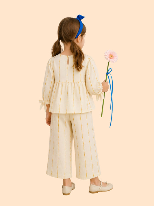 Girls Cream Striped Co-Ord Set with Bow Sleeves | Elegant Casual Outfit (1–6 Years)