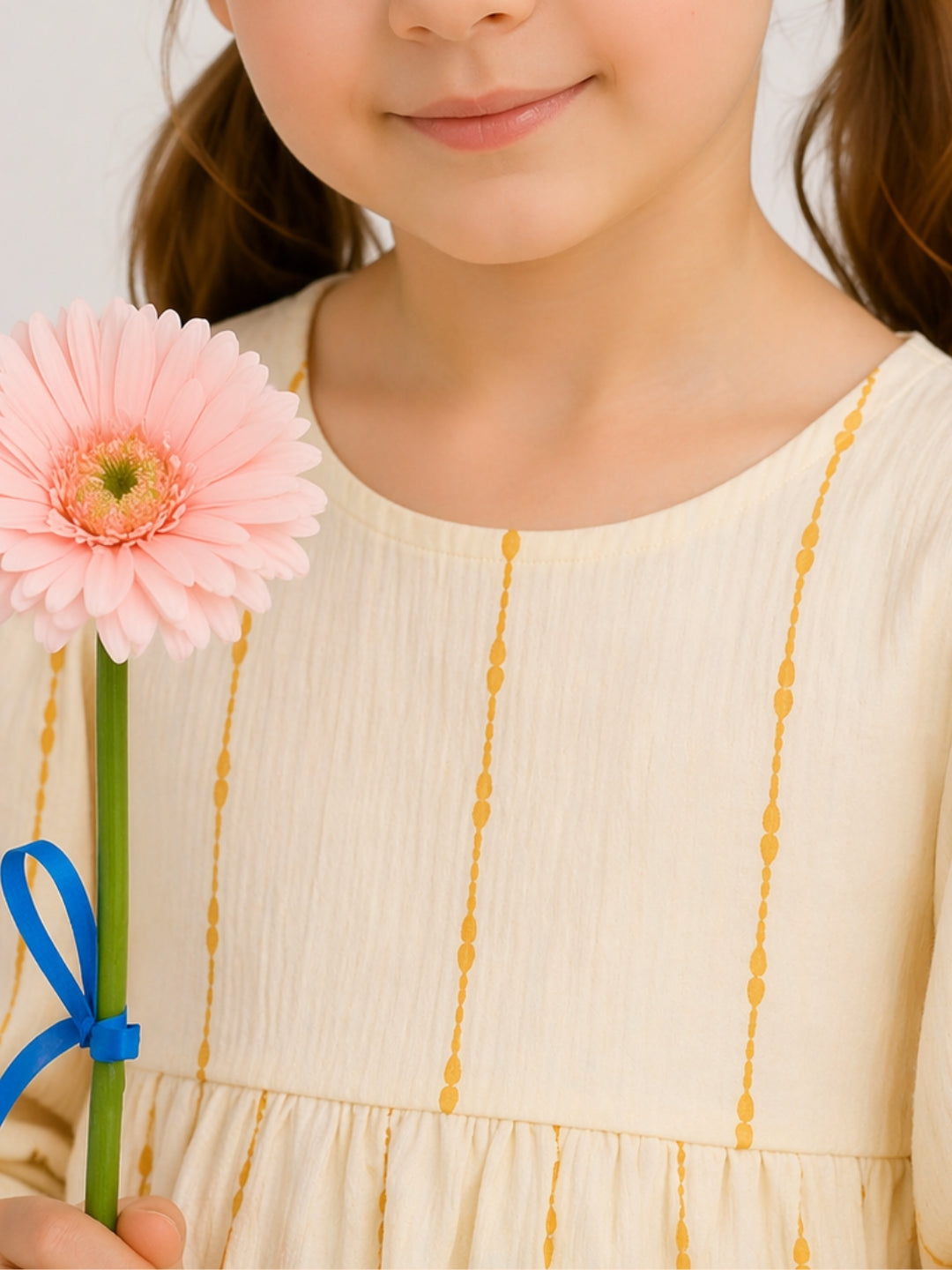 Girls Cream Striped Co-Ord Set with Bow Sleeves | Elegant Casual Outfit (1–6 Years)