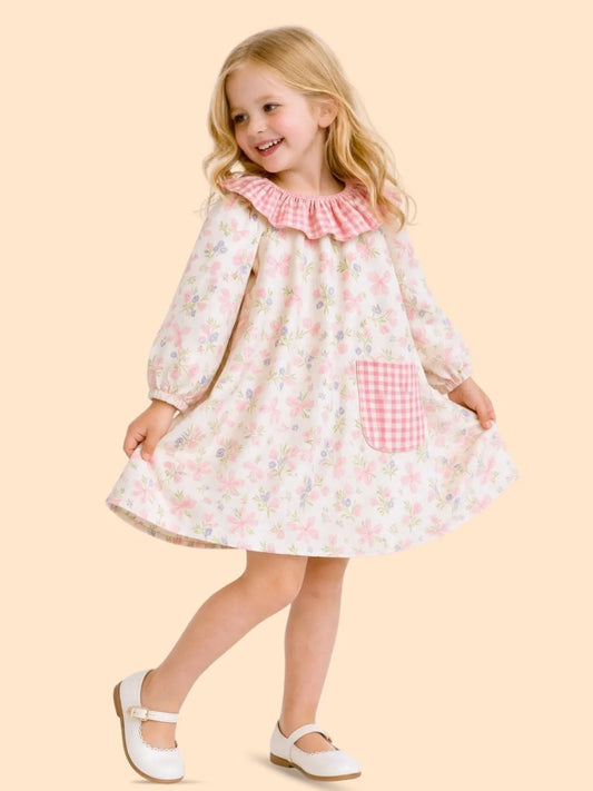 Girls Floral Printed Dress with Frill Neck | Cute Pink Casual Dress for Kids (2-6 Years)