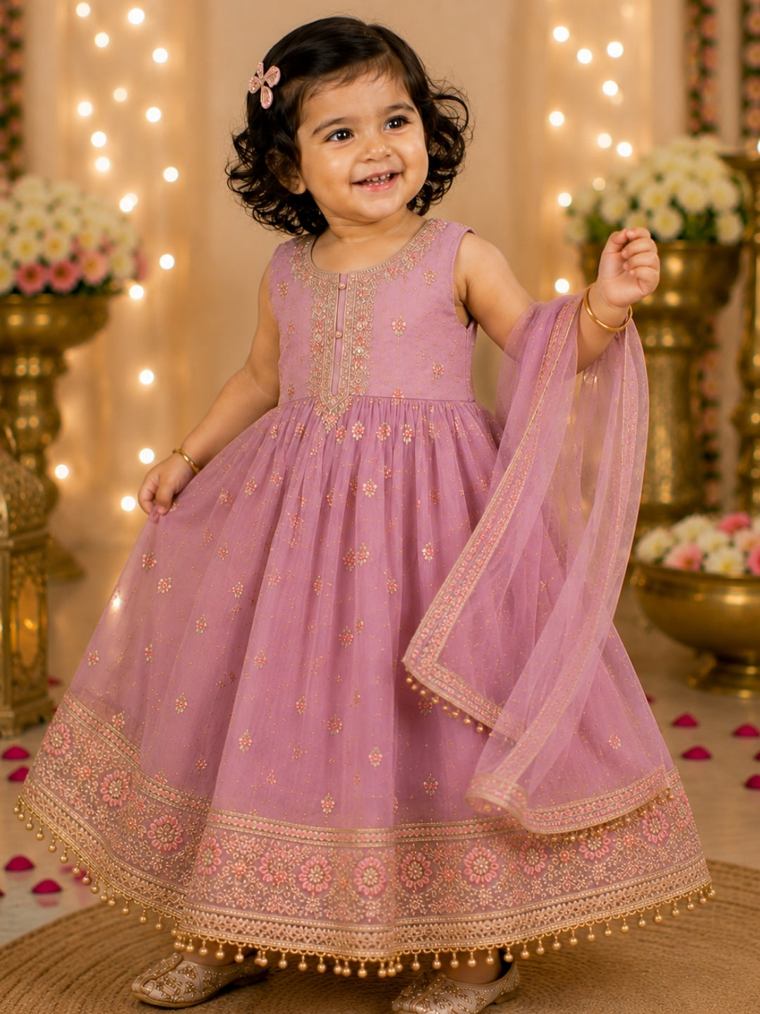 Girls Lavender Embroidered Party Wear Gown with Dupatta | Kids Ethnic Anarkali Dress | Festive Traditional Wear for Girls (1–8 Years)