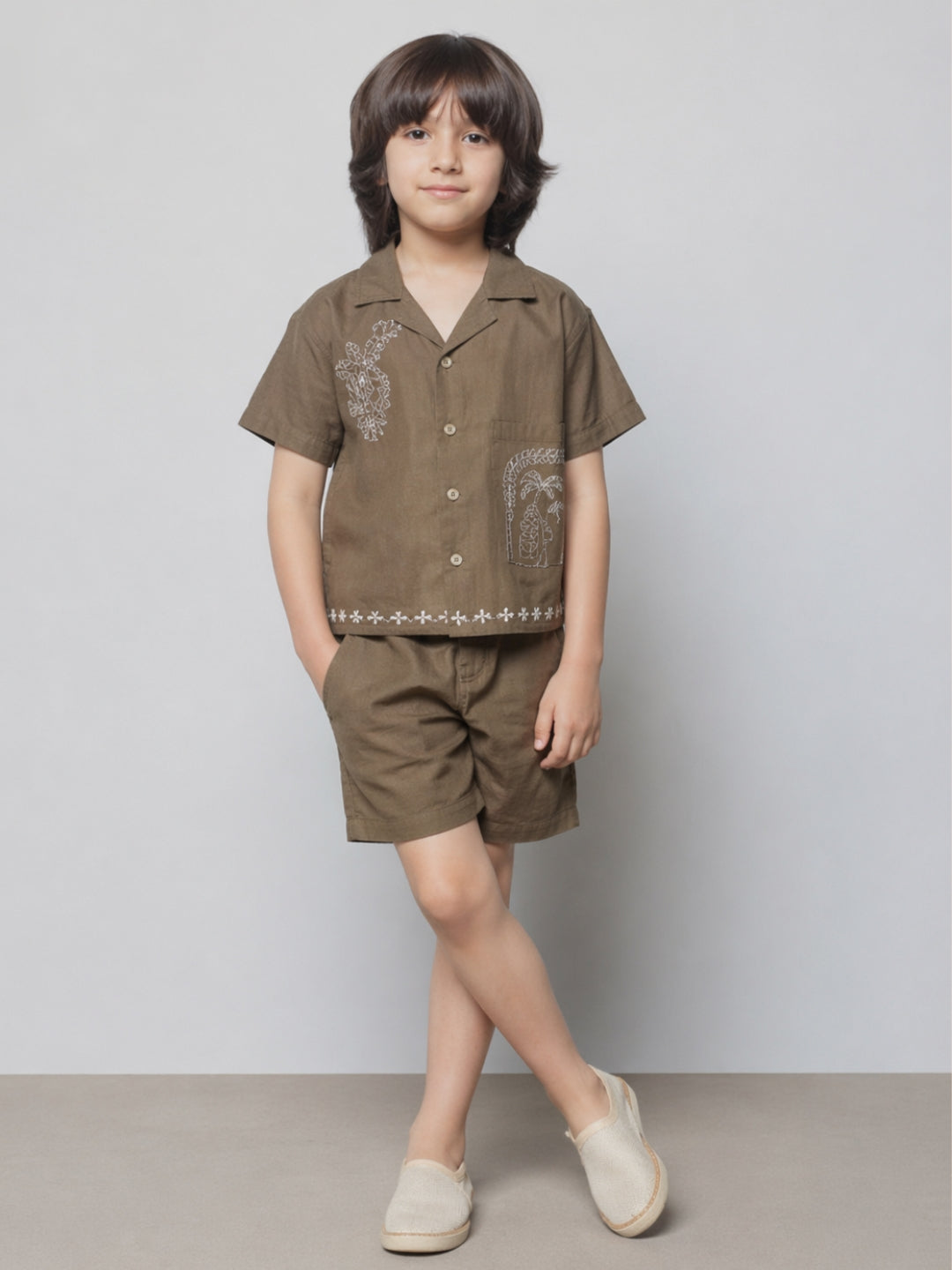 Boys Olive Brown Co-Ord Set with Embroidery | Casual Summer Shirt & Shorts Set (2–8 Years)