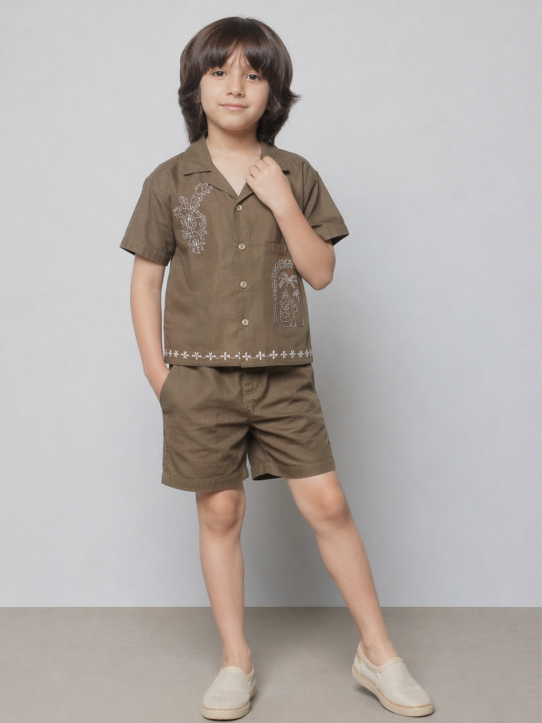 Boys Olive Brown Co-Ord Set with Embroidery | Casual Summer Shirt & Shorts Set (2–8 Years)