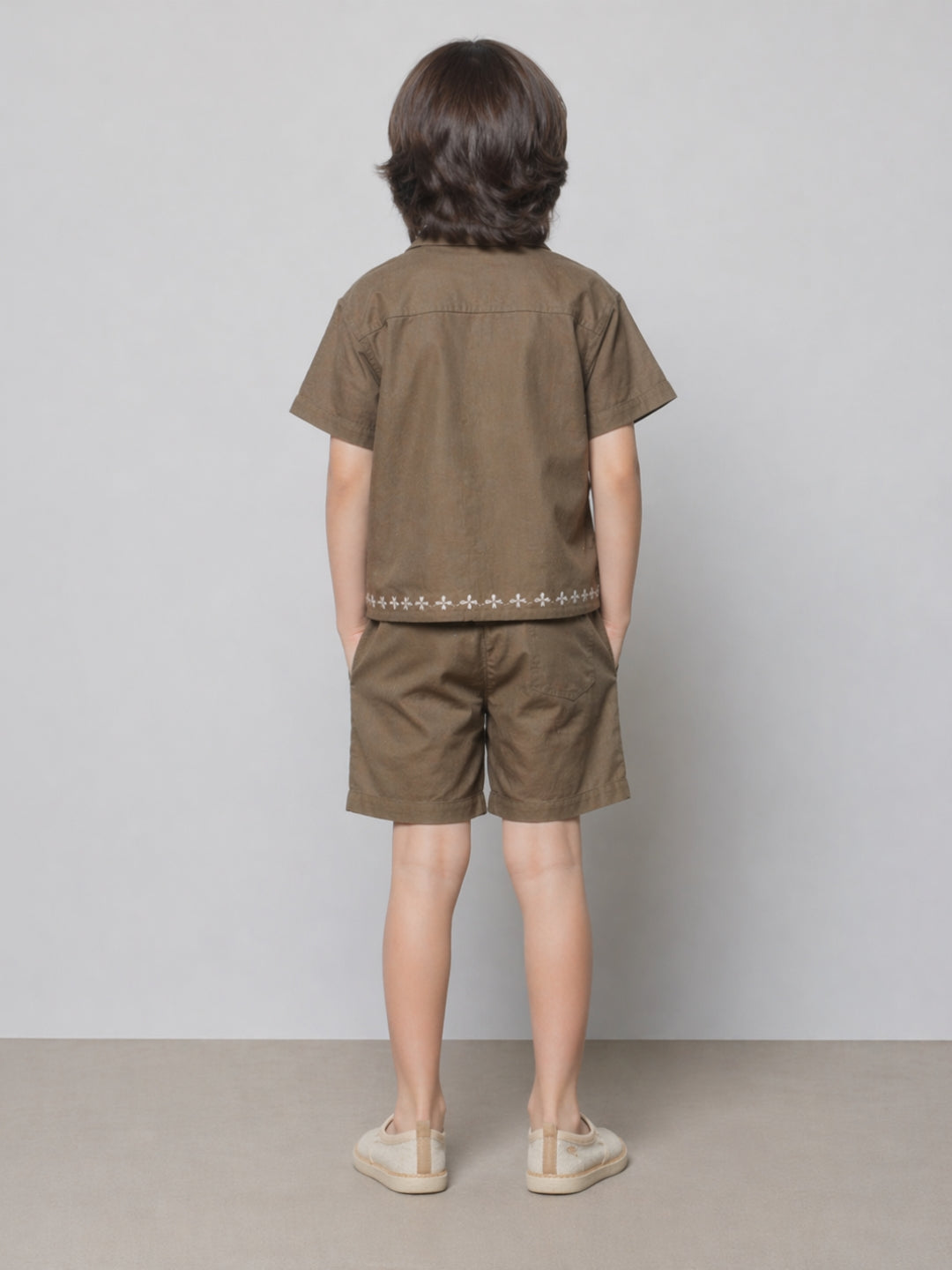 Boys Olive Brown Co-Ord Set with Embroidery | Casual Summer Shirt & Shorts Set (2–8 Years)