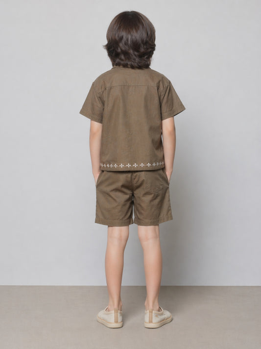 Boys Olive Brown Co-Ord Set with Embroidery | Casual Summer Shirt & Shorts Set (2–8 Years)