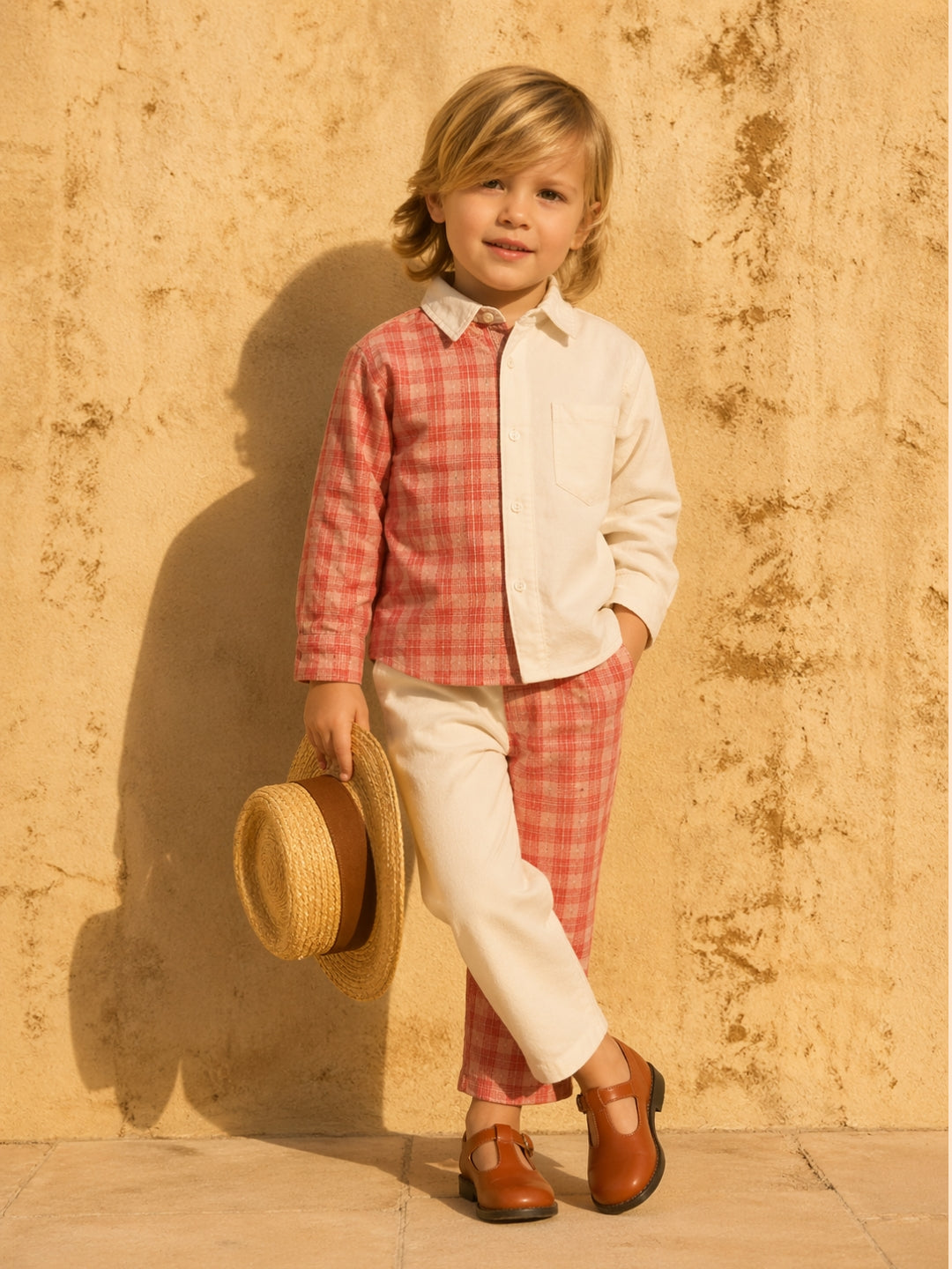 Boys Dual-Tone Co-Ord Set with Checks | Cream & Red Designer Shirt Pant Set (2–10 Years)