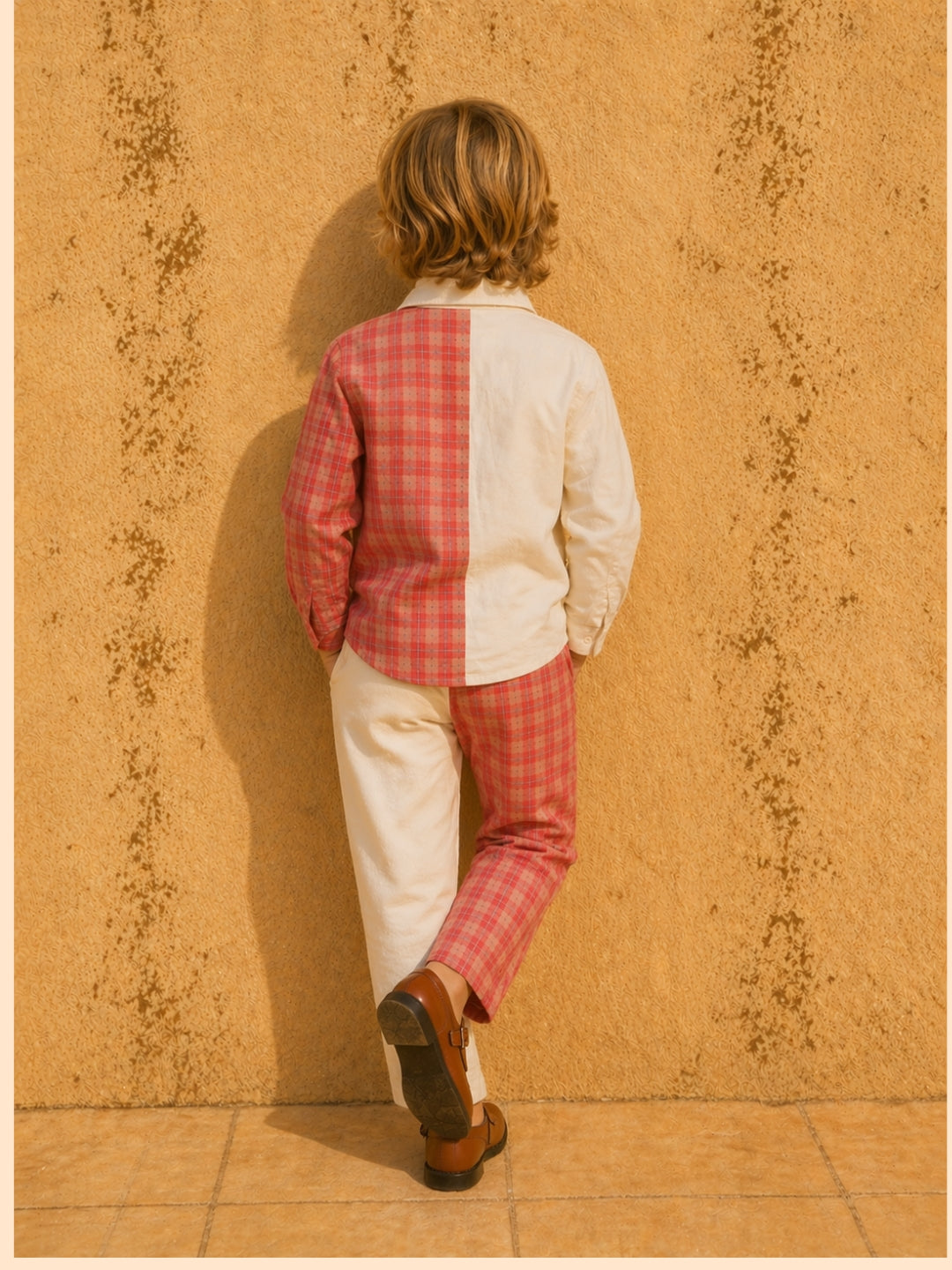 Boys Dual-Tone Co-Ord Set with Checks | Cream & Red Designer Shirt Pant Set (2–10 Years)