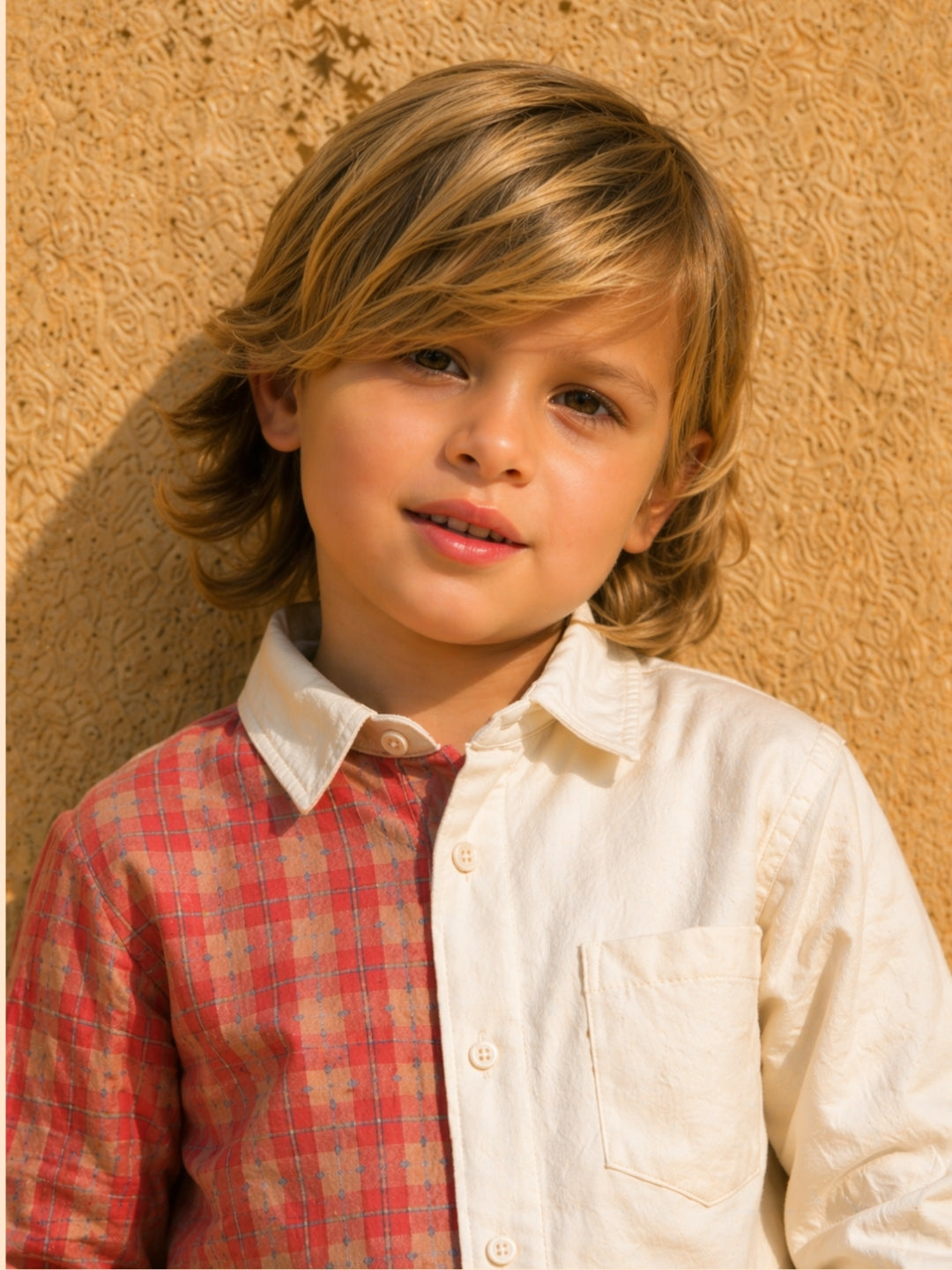 Boys Dual-Tone Co-Ord Set with Checks | Cream & Red Designer Shirt Pant Set (2–10 Years)