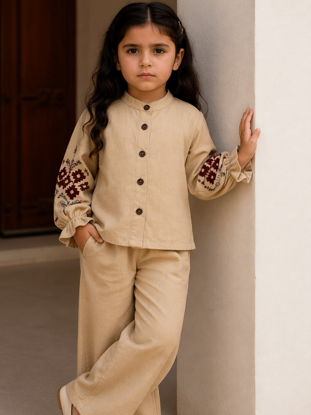 Girls Beige Embroidered Co-Ord Set | Ethnic Style Kurta & Pants Set (2–7 Years)