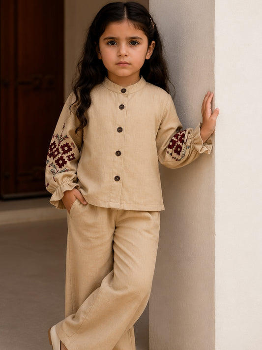 Girls Beige Embroidered Co-Ord Set | Ethnic Style Kurta & Pants Set (2–7 Years)