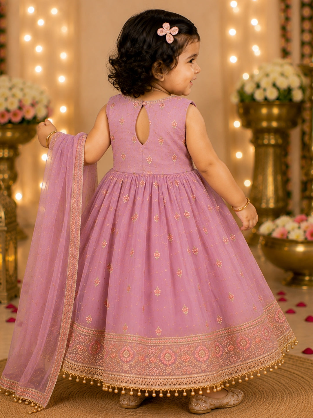 Girls Lavender Embroidered Party Wear Gown with Dupatta | Kids Ethnic Anarkali Dress | Festive Traditional Wear for Girls (1–8 Years)