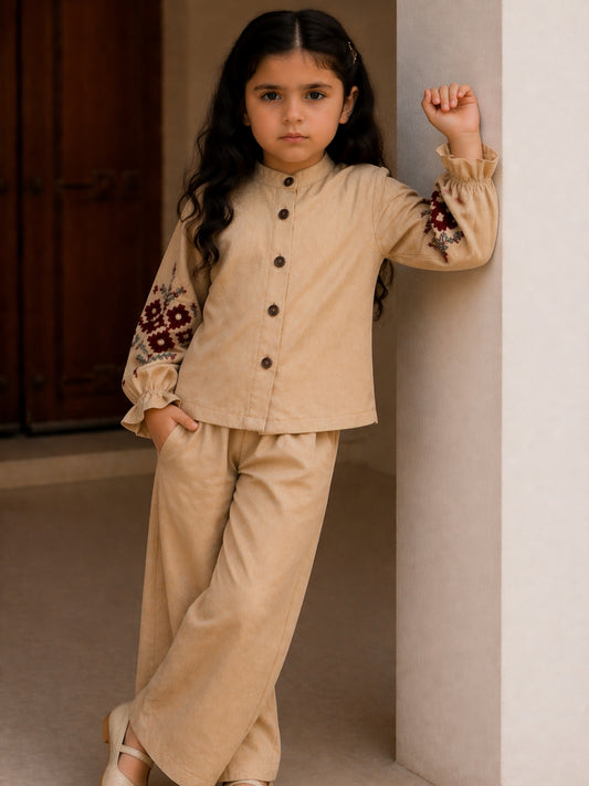 Girls Beige Embroidered Co-Ord Set | Ethnic Style Kurta & Pants Set (2–7 Years)
